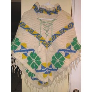 Woman's Wool Hand Knitted Fringe Poncho Mexican Hippie Boho Native American Folk